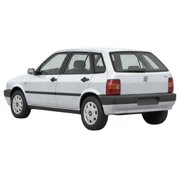 Fiat Tipo 1991 prata, vista três quartos traseira (voltada para a esquerda)
