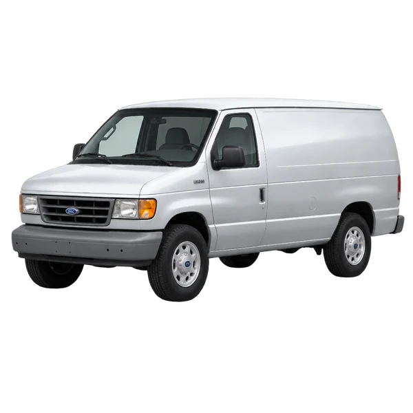 Ford E-150 1996 باللون فضي، منظر منظر أمامي بزاوية ثلاثة أرباع (متجه لليسار)