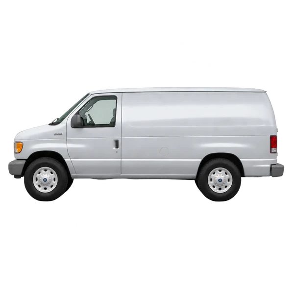 Ford E-150 1998 باللون فضي، منظر جانبي (متجه إلى اليسار)