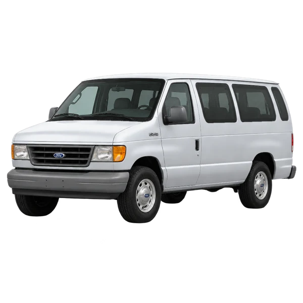 Ford E-350 2001 en plateado, vista frontal tres cuartos (hacia la izquierda)