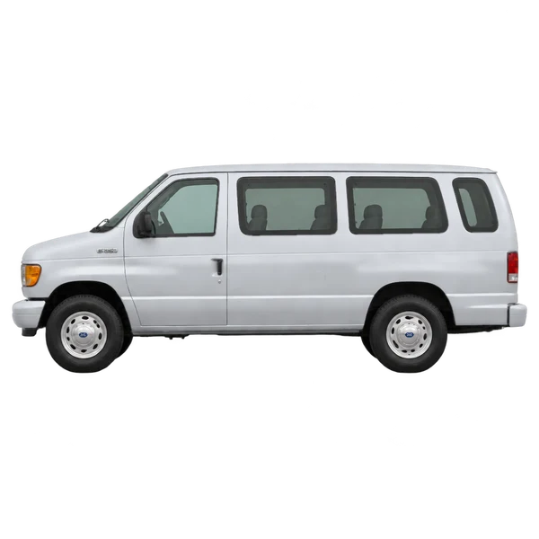 Ford E-350 2002 باللون فضي، منظر جانبي (متجه إلى اليسار)