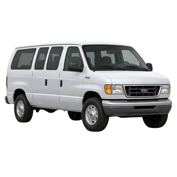 Ford E-450 1997 prata, vista dianteira em três quartos (voltada para a esquerda)