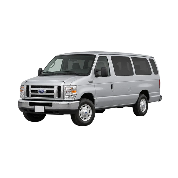 Ford E-450 2010 prata, vista dianteira em três quartos (voltada para a esquerda)
