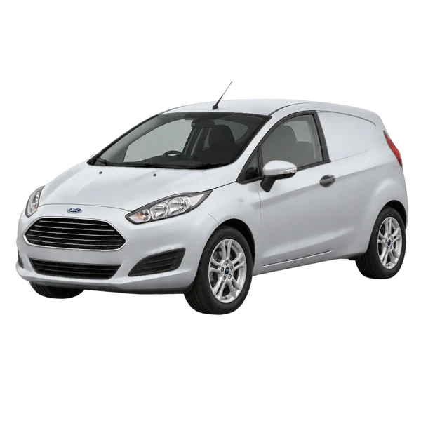 Ford Fiesta Van 2014 prata, vista dianteira em três quartos (voltada para a esquerda)