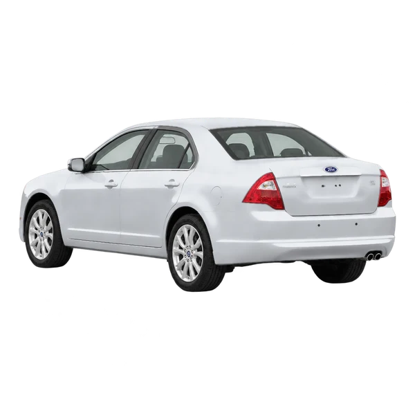 Ford Fusion 2012 باللون فضي، منظر ثلاثة أرباع خلفي (باتجاه اليسار)