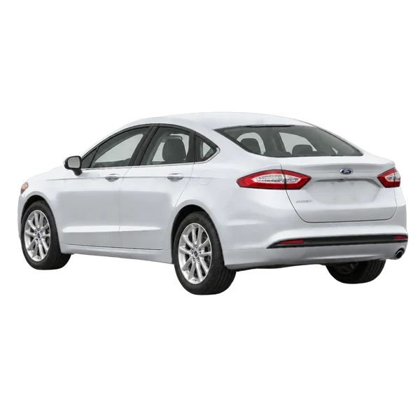 Ford Fusion 2013 باللون فضي، منظر ثلاثة أرباع خلفي (باتجاه اليسار)