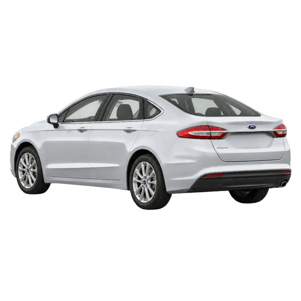Ford Fusion 2017 باللون فضي، منظر ثلاثة أرباع خلفي (باتجاه اليسار)