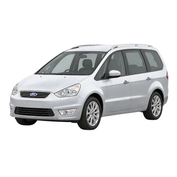 Ford Galaxy 2010 باللون فضي، منظر منظر أمامي بزاوية ثلاثة أرباع (متجه لليسار)