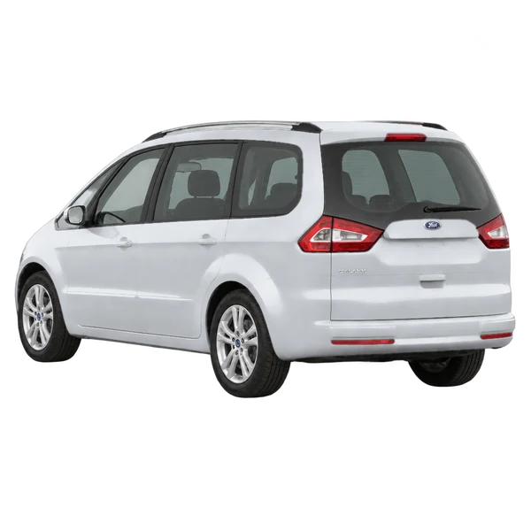 Ford Galaxy 2011 باللون فضي، منظر ثلاثة أرباع خلفي (باتجاه اليسار)