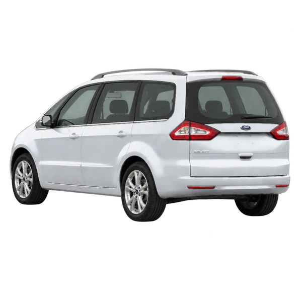 Ford Galaxy 2012 باللون فضي، منظر ثلاثة أرباع خلفي (باتجاه اليسار)