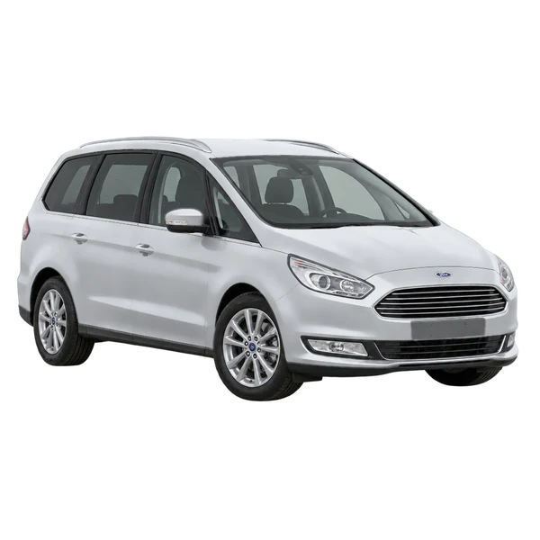 Ford Galaxy 2016 باللون فضي، منظر منظر أمامي بزاوية ثلاثة أرباع (متجه لليسار)