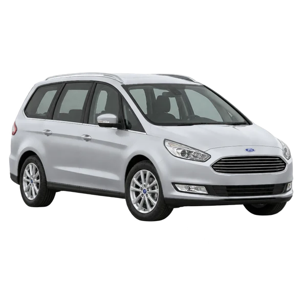 Ford Galaxy 2017 باللون فضي، منظر منظر أمامي بزاوية ثلاثة أرباع (متجه لليسار)