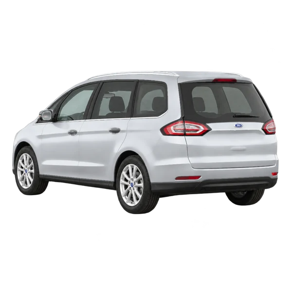 Ford Galaxy 2017 باللون فضي، منظر ثلاثة أرباع خلفي (باتجاه اليسار)