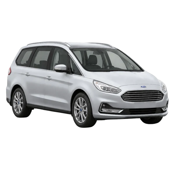 Ford Galaxy 2021 باللون فضي، منظر منظر أمامي بزاوية ثلاثة أرباع (متجه لليسار)