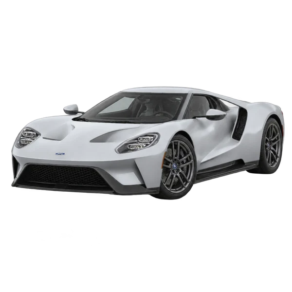 Ford GT 2017 باللون فضي، منظر منظر أمامي بزاوية ثلاثة أرباع (متجه لليسار)