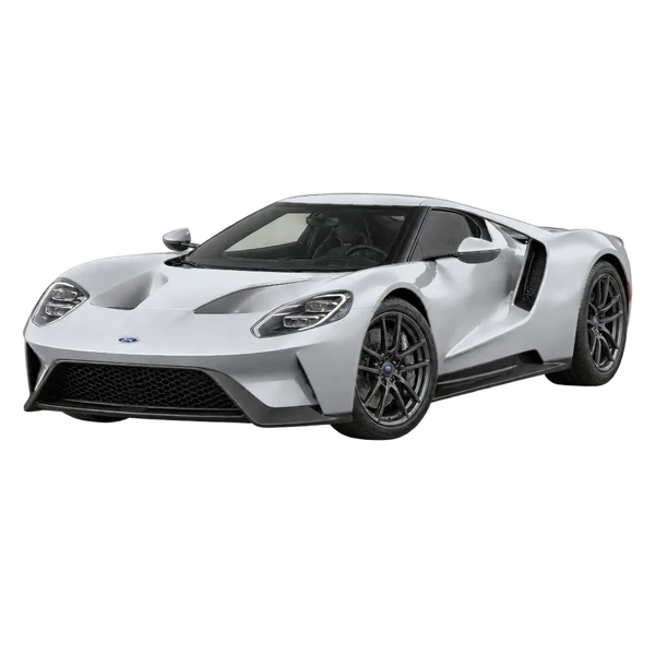 Ford GT 2025 باللون فضي، منظر منظر أمامي بزاوية ثلاثة أرباع (متجه لليسار)