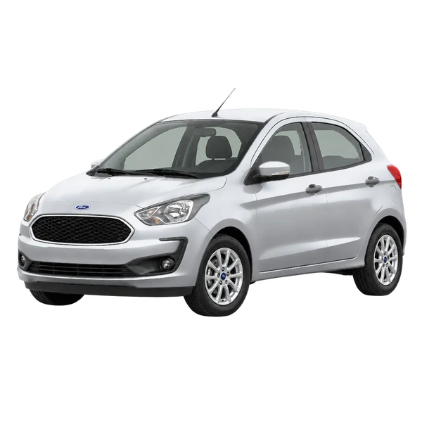 Ford KA 2019 prata, vista dianteira em três quartos (voltada para a esquerda)