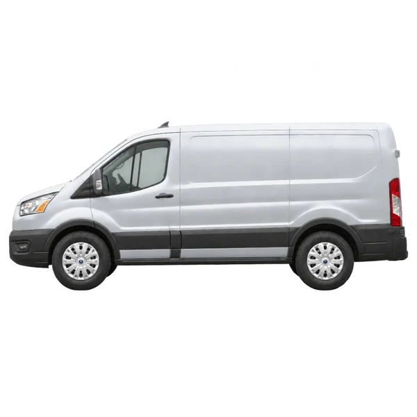 Ford Transit Van 2024 باللون فضي، منظر جانبي (متجه إلى اليسار)