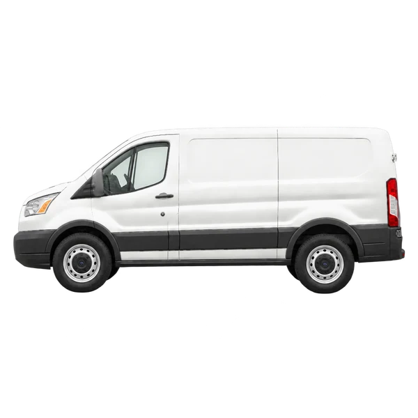Ford Transit 2025 باللون أبيض، منظر جانبي (متجه إلى اليسار)