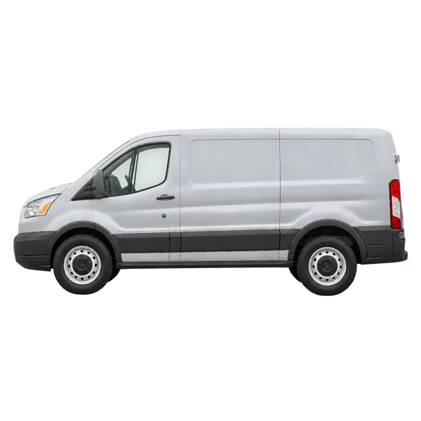 Ford Transit 2026 باللون فضي، منظر جانبي (متجه إلى اليسار)