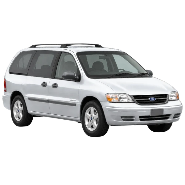 Ford Windstar 2001 باللون فضي، منظر زاوية ثلاثة أرباع أمامية (باتجاه اليمين)