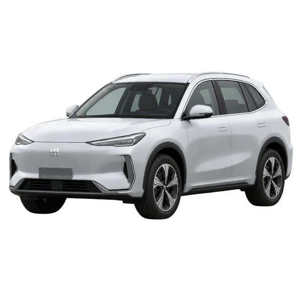 Geely EX5 2025 باللون فضي، منظر منظر أمامي بزاوية ثلاثة أرباع (متجه لليسار)
