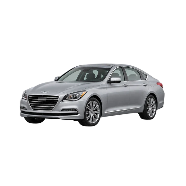 Genesis G80 2019 en plateado, vista frontal tres cuartos (hacia la izquierda)
