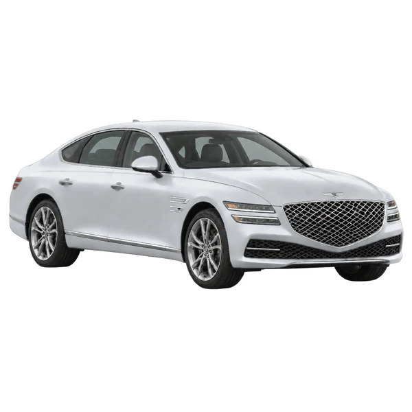 Genesis G80 2026 argent, vue trois-quarts avant (orienté vers la droite)