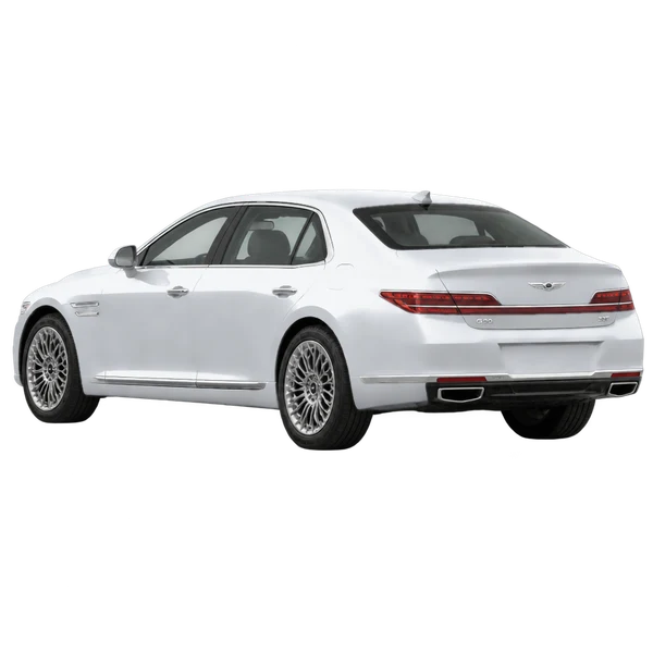 Genesis G90 2022 باللون فضي، منظر ثلاثة أرباع خلفي (باتجاه اليسار)