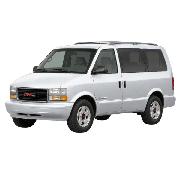 GMC Safari 2002 prata, vista dianteira em três quartos (voltada para a esquerda)