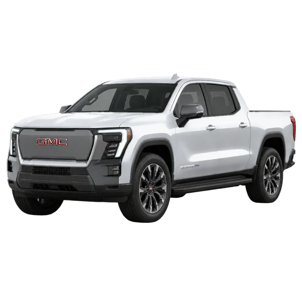 シルバーの2025 GMC Sierra EV（フロントスリークォーター(左向き)ビュー）