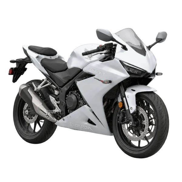 Honda CBR 2024 en plateado, vista frontal tres cuartos (hacia la izquierda)