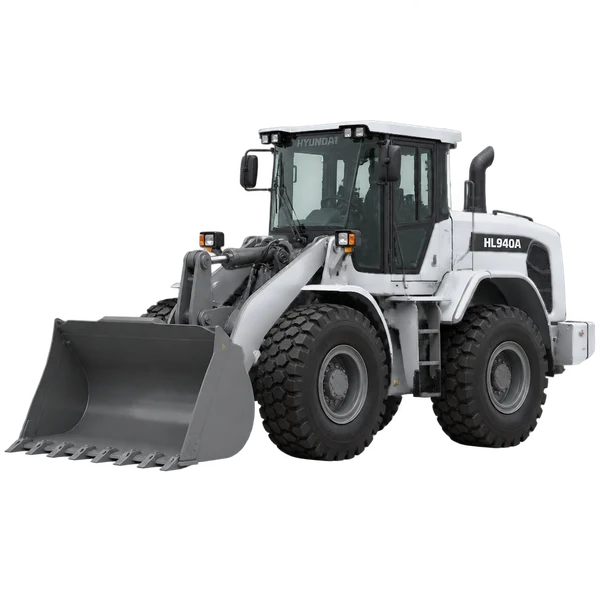 silver 2024 Hyundai Construction HL940A front three-quarter (facing left) view
