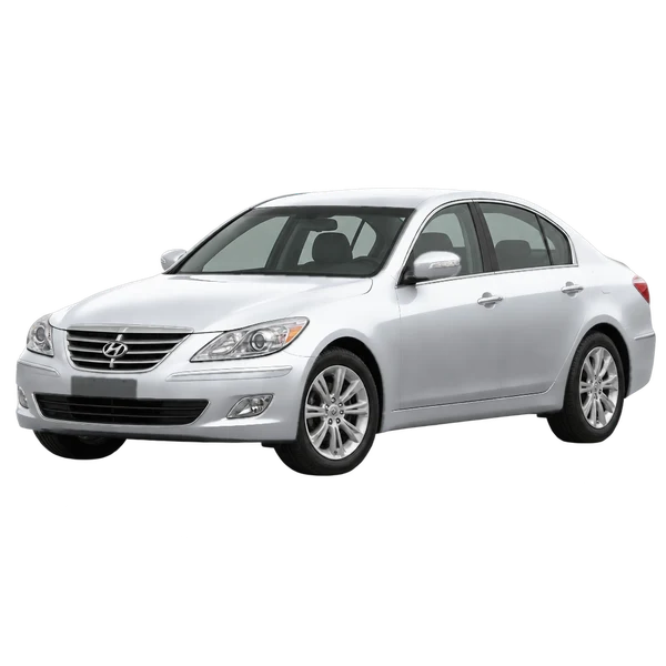 Hyundai Genesis 2009 باللون فضي، منظر منظر أمامي بزاوية ثلاثة أرباع (متجه لليسار)
