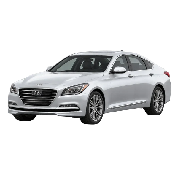 Hyundai Genesis 2016 باللون فضي، منظر منظر أمامي بزاوية ثلاثة أرباع (متجه لليسار)