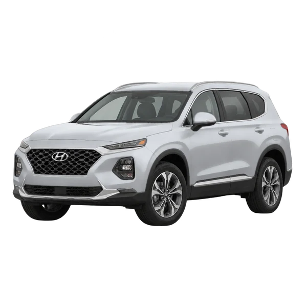 Hyundai Santa Fe 2021 باللون فضي، منظر منظر أمامي بزاوية ثلاثة أرباع (متجه لليسار)