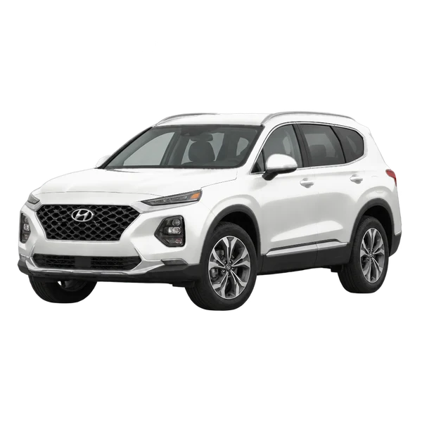 Hyundai Santa Fe 2021 باللون أبيض، منظر منظر أمامي بزاوية ثلاثة أرباع (متجه لليسار)