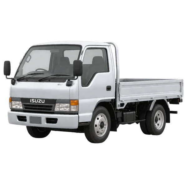 Isuzu Elf 1996 prata, vista dianteira em três quartos (voltada para a esquerda)