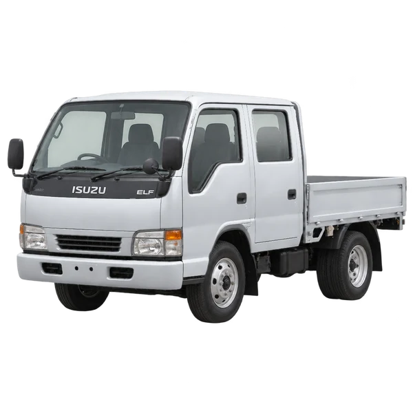 Isuzu Elf 2000 prata, vista dianteira em três quartos (voltada para a esquerda)