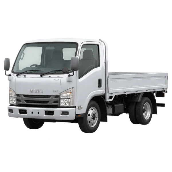 Isuzu Elf 2004 باللون فضي، منظر منظر أمامي بزاوية ثلاثة أرباع (متجه لليسار)