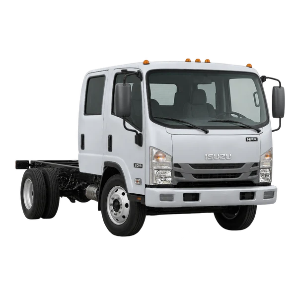 Isuzu NPR 2019 باللون فضي، منظر منظر أمامي بزاوية ثلاثة أرباع (متجه لليسار)