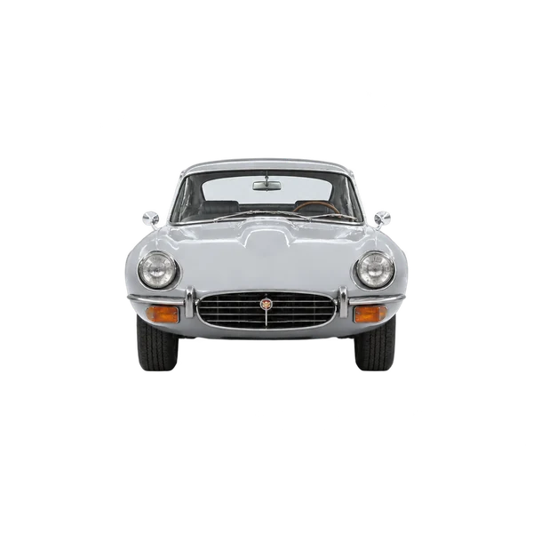 Jaguar E-Type 1990 باللون فضي، منظر أمامي