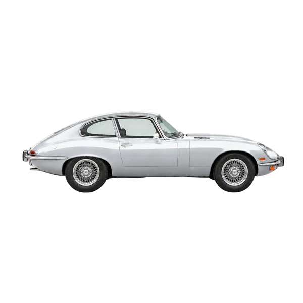 Jaguar E-Type 1990 باللون فضي، منظر منظر جانبي (باتجاه اليمين)