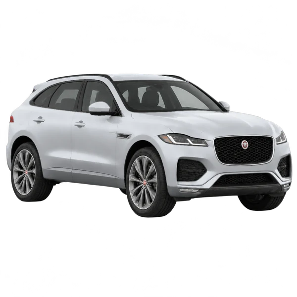 Jaguar F-Pace 2027 prata, vista três quartos dianteiro (voltado para a direita)