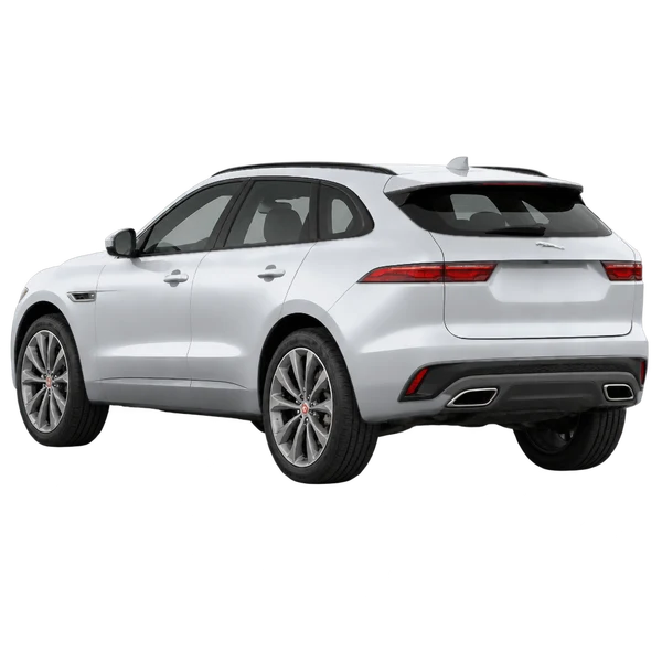 2027 Jaguar F-Pace in Silber, Ansicht: Dreiviertelansicht von hinten (nach links gerichtet)
