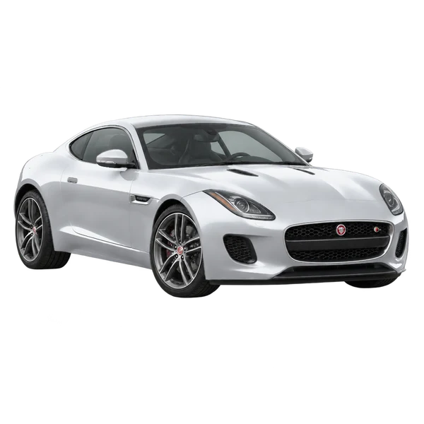 Jaguar F-Type Coupe 2017 باللون فضي، منظر منظر أمامي بزاوية ثلاثة أرباع (متجه لليسار)