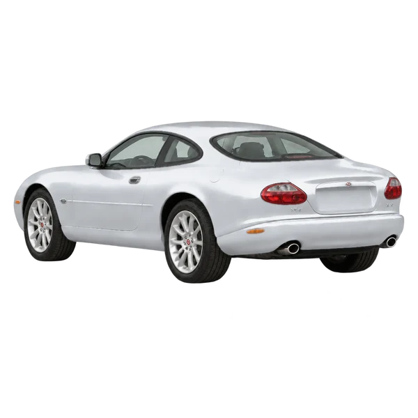 Jaguar XKR 2001 prata, vista três quartos traseira (voltada para a esquerda)