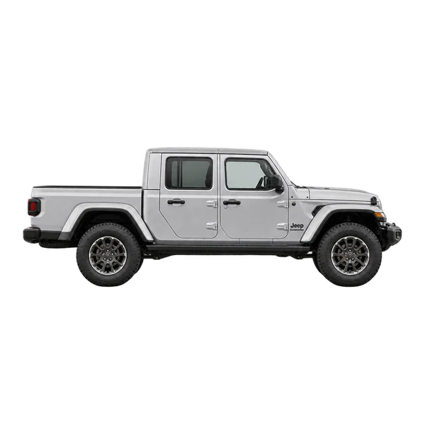 Jeep Gladiator 2024 باللون فضي، منظر منظر جانبي (باتجاه اليمين)