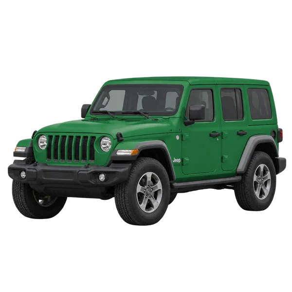 Jeep Wrangler 2018 verde, vista dianteira em três quartos (voltada para a esquerda)
