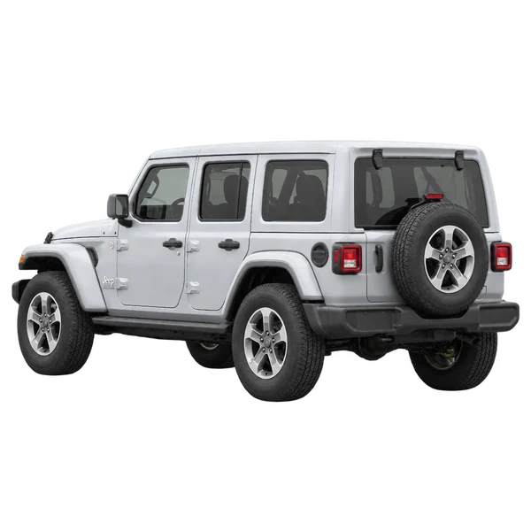 Jeep Wrangler 2021 باللون فضي، منظر ثلاثة أرباع خلفي (باتجاه اليسار)